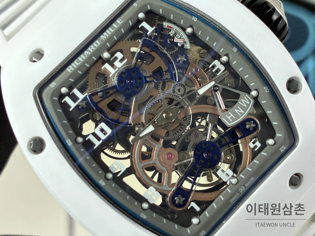 리차드밀 RM 17-02 화이트 세라믹 화이트 스트랩 실버 인덱스 투르비용 시계 48mm