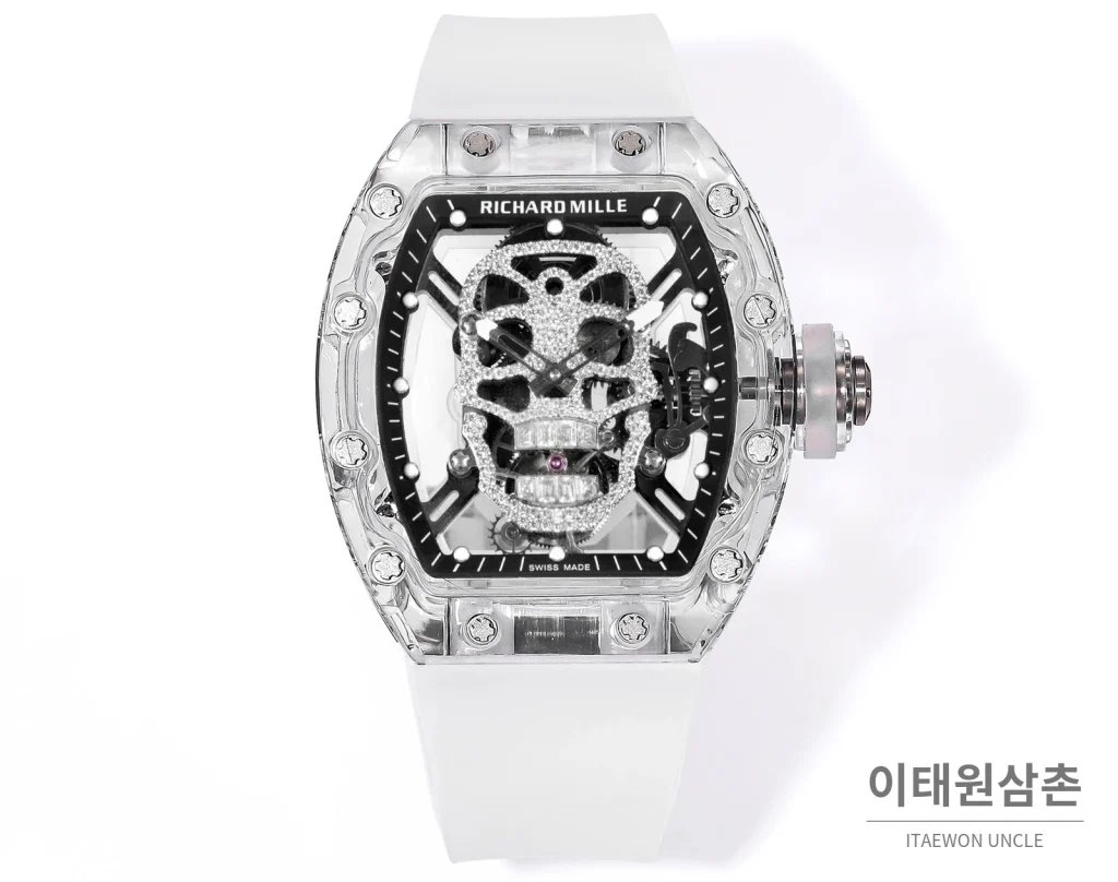 리차드밀 RM052 사파이어 스컬 투르비용 스켈레톤 수동 50mm 투명 스켈레톤 다이얼 화이트 러버 스트랩 화이트 베젤 세라믹 케이스