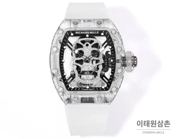 리차드밀 RM052 사파이어 스컬 투르비용 스켈레톤 수동 50mm 투명 스켈레톤 다이얼 화이트 러버 스트랩 화이트 베젤 세라믹 케이스