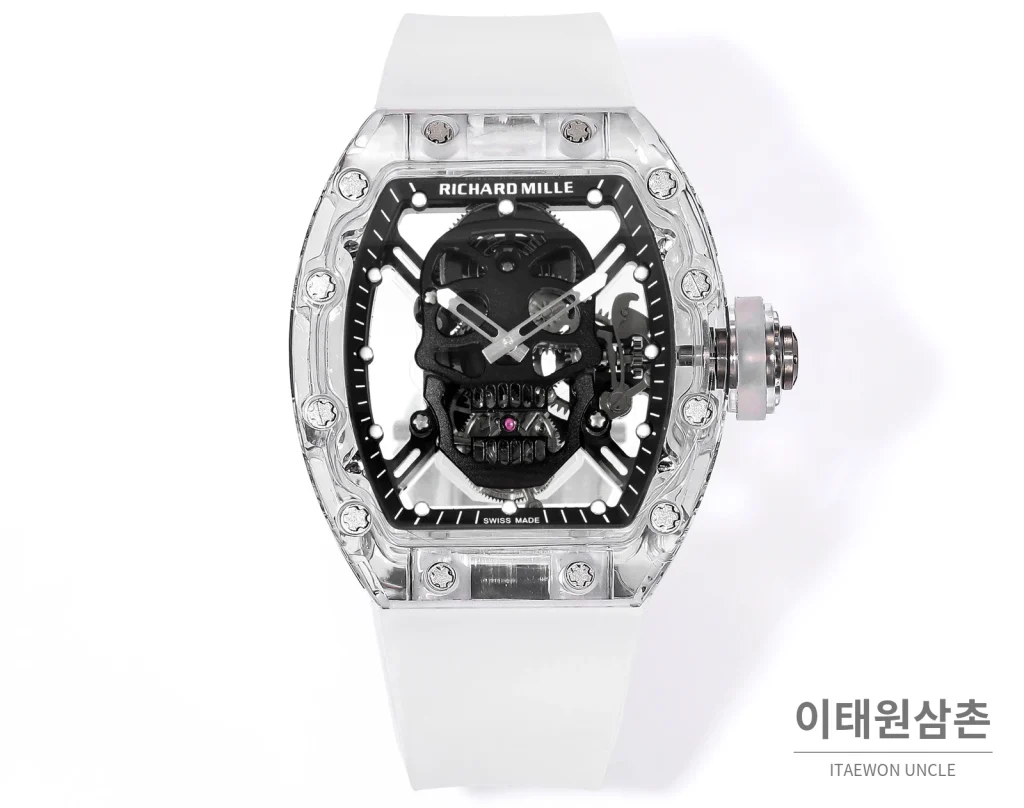 리차드밀 RM052 사파이어 스컬 투르비용 스켈레톤 수동 50mm 투명 블랙 다이얼 화이트 러버 스트랩 세라믹 케이스