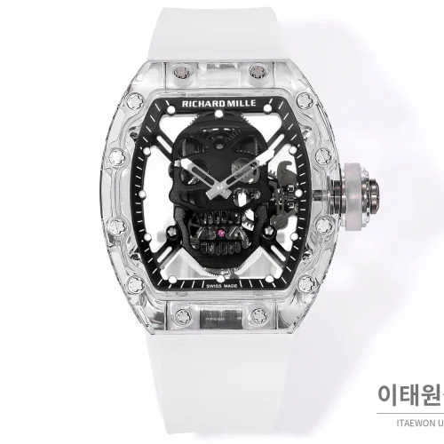 리차드밀 RM052 사파이어 스컬 투르비용 스켈레톤 수동 50mm 투명 블랙 다이얼 화이트 러버 스트랩 세라믹 케이스 리차드밀 RM052 사파이어 스컬 투르비용 스켈레톤 수동 50mm 투명 블랙 다이얼 화이트 러버 스트랩 세라믹 케이스