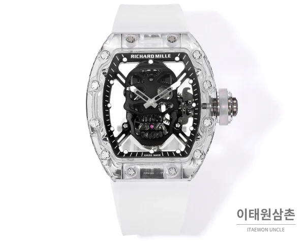 리차드밀 RM052 사파이어 스컬 투르비용 스켈레톤 수동 50mm 투명 블랙 다이얼 화이트 러버 스트랩 세라믹 케이스
