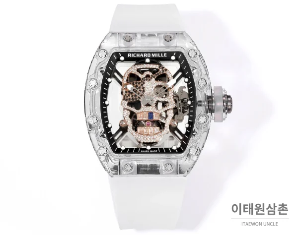 리차드밀 RM052 사파이어 스컬 투르비용 스켈레톤 수동 50mm 투명 스켈레톤 다이얼 화이트 러버 스트랩 화이트 베젤 카본 케이스 리차드밀 RM052 사파이어 스컬 투르비용 스켈레톤 수동 50mm 투명 스켈레톤 다이얼 화이트 러버 스트랩 화이트 베젤 카본 케이스