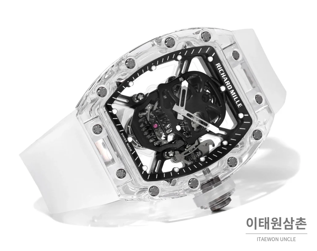 리차드밀 RM052 사파이어 스컬 투르비용 스켈레톤 수동 50mm 투명 블랙 다이얼 화이트 러버 스트랩 세라믹 케이스