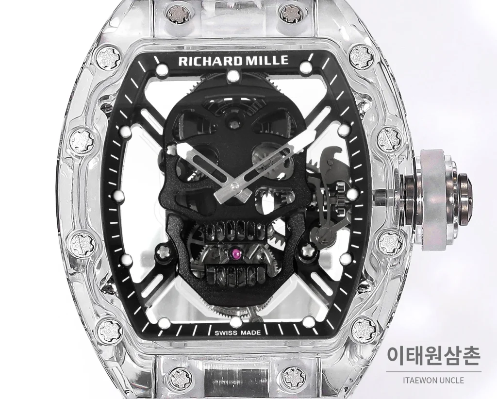 리차드밀 RM052 사파이어 스컬 투르비용 스켈레톤 수동 50mm 투명 블랙 다이얼 화이트 러버 스트랩 세라믹 케이스