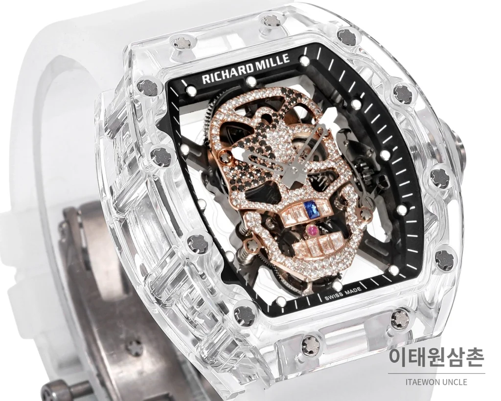 리차드밀 RM052 사파이어 스컬 투르비용 스켈레톤 수동 50mm 투명 스켈레톤 다이얼 화이트 러버 스트랩 화이트 베젤 카본 케이스