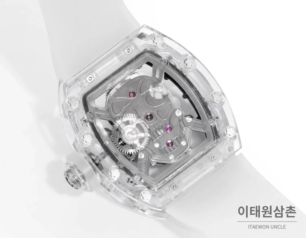 리차드밀 RM052 사파이어 스컬 투르비용 스켈레톤 수동 50mm 투명 블랙 다이얼 화이트 러버 스트랩 세라믹 케이스