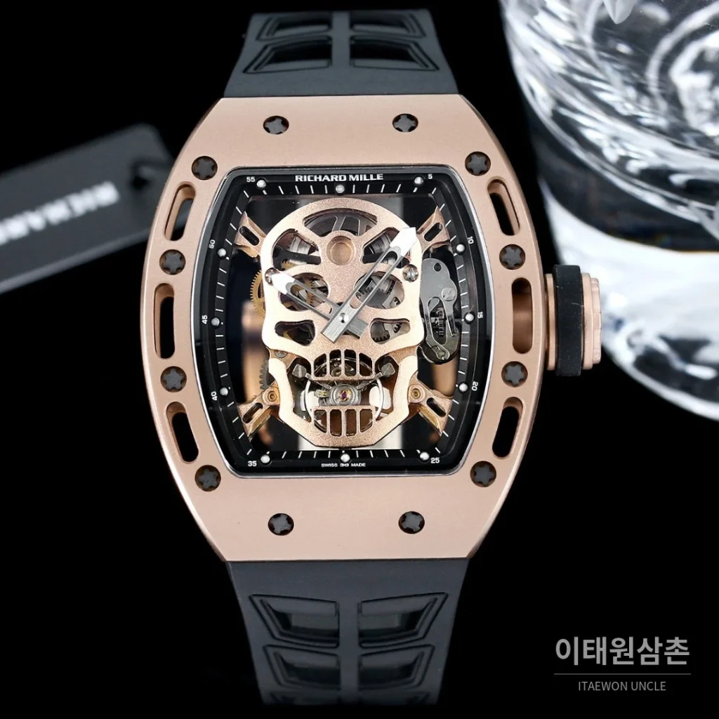리차드밀 RM052 스테인리스 스틸 스컬 스켈레톤 오토매틱 50mm 실버 오렌지 러버 스트랩
