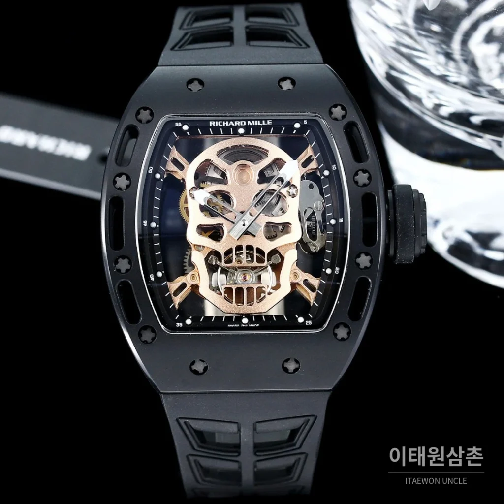 리차드밀 RM052 스테인리스 스틸 스컬 스켈레톤 오토매틱 50mm 실버 블랙 러버 스트랩