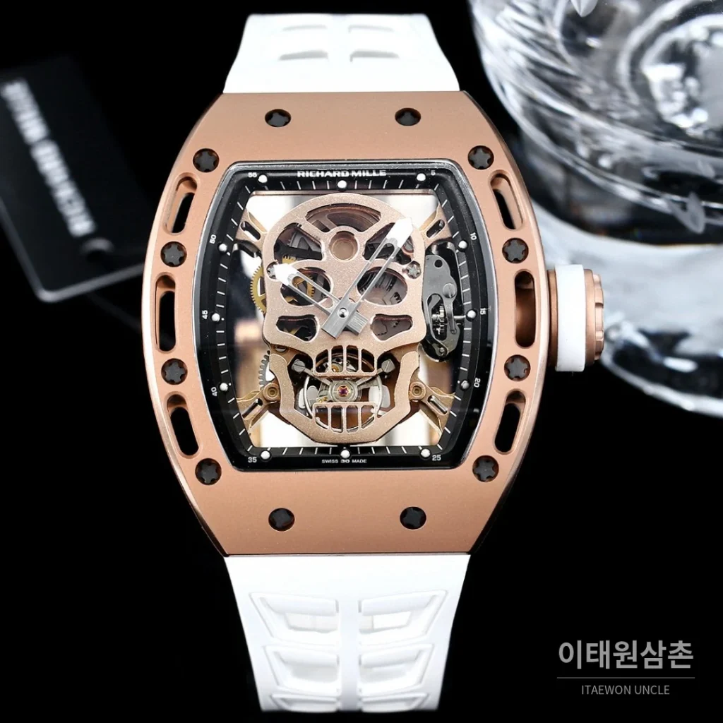 리차드밀 RM052 스테인리스 스틸 스컬 스켈레톤 오토매틱 50mm 실버 오렌지 러버 스트랩