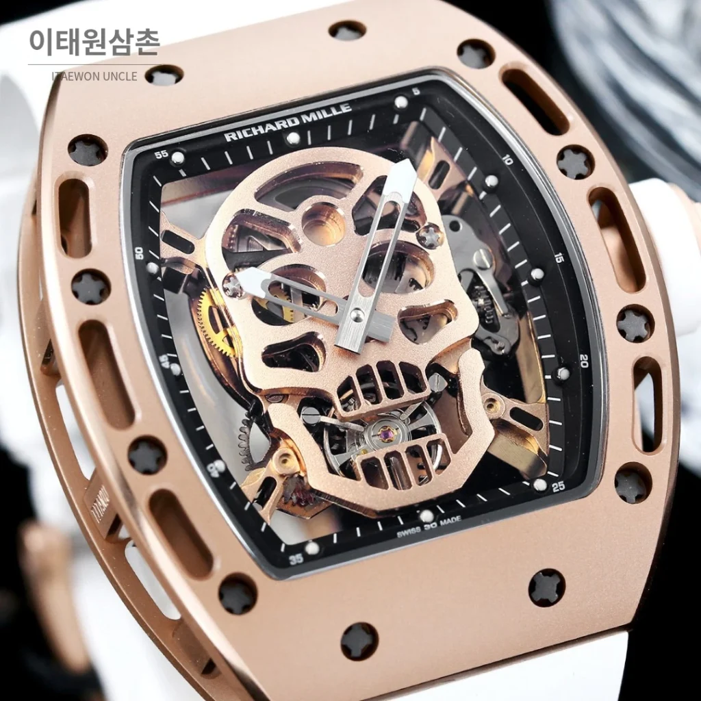 리차드밀 RM052 스테인리스 스틸 스컬 스켈레톤 오토매틱 50mm 실버 오렌지 러버 스트랩