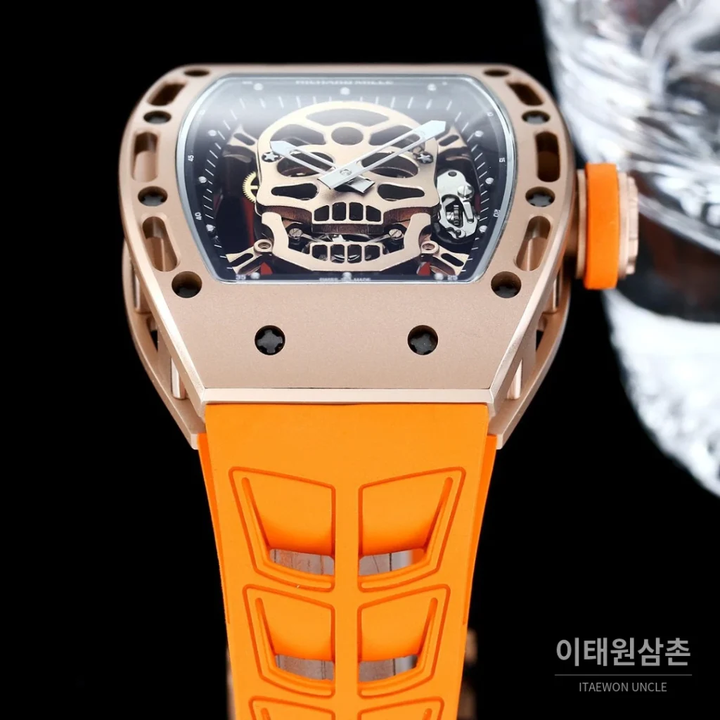 리차드밀 RM052 스테인리스 스틸 스컬 스켈레톤 오토매틱 50mm 실버 오렌지 러버 스트랩