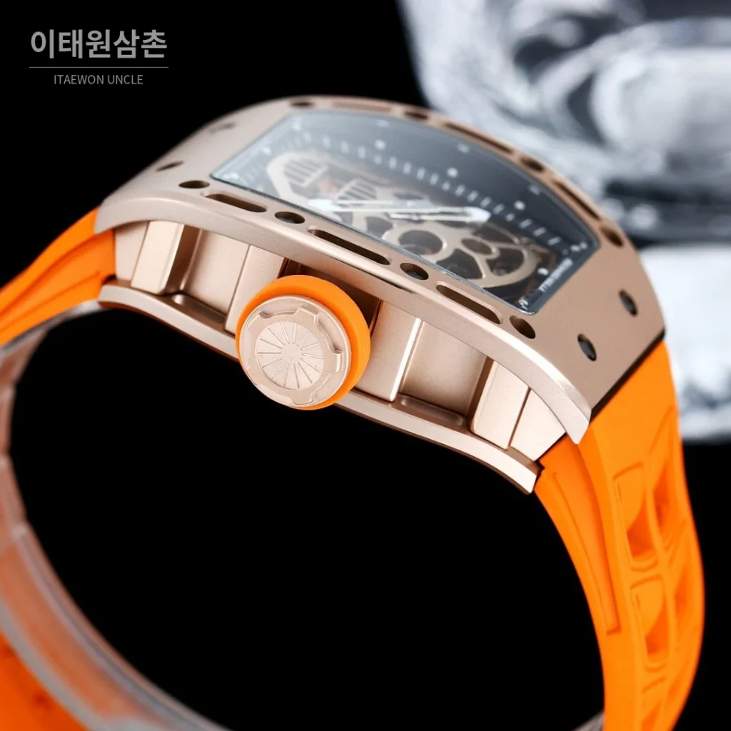 리차드밀 RM052 스테인리스 스틸 스컬 스켈레톤 오토매틱 50mm 실버 오렌지 러버 스트랩