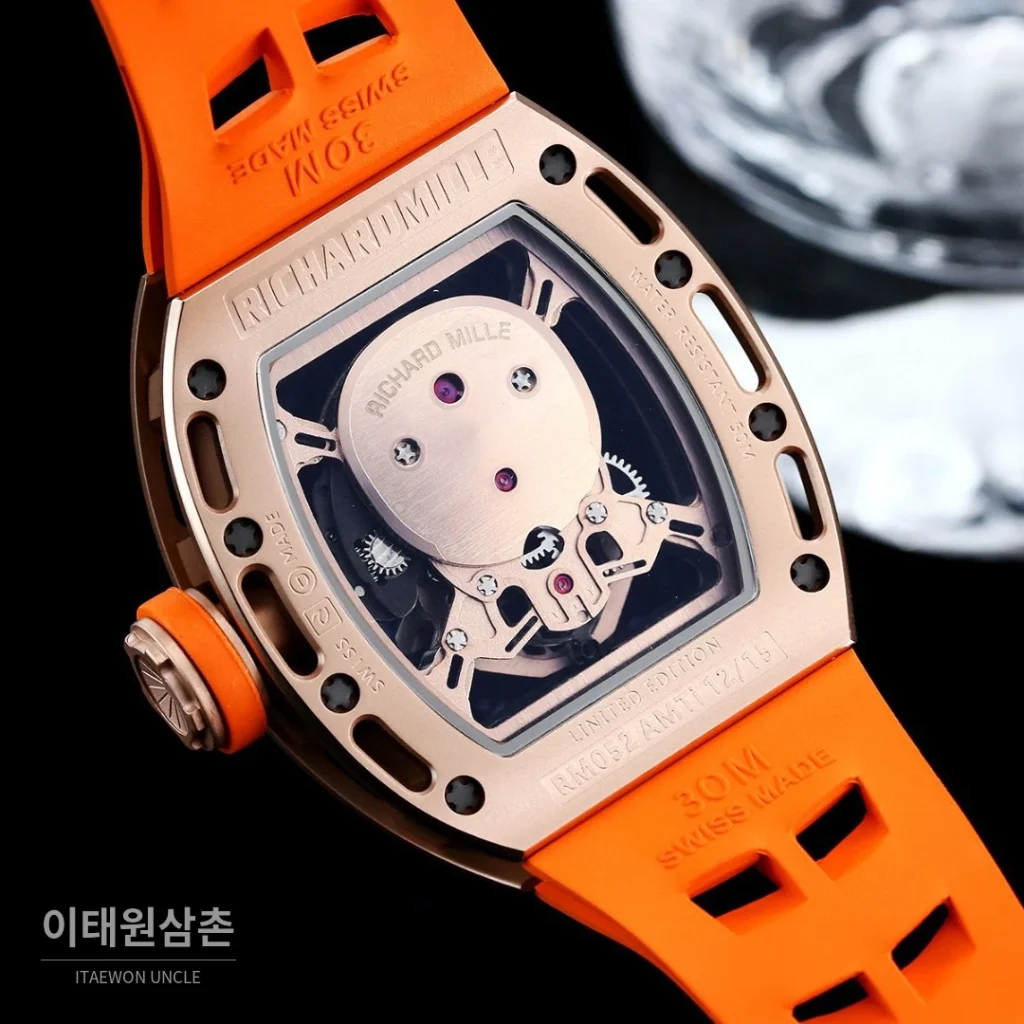 리차드밀 RM052 스테인리스 스틸 스컬 스켈레톤 오토매틱 50mm 실버 오렌지 러버 스트랩
