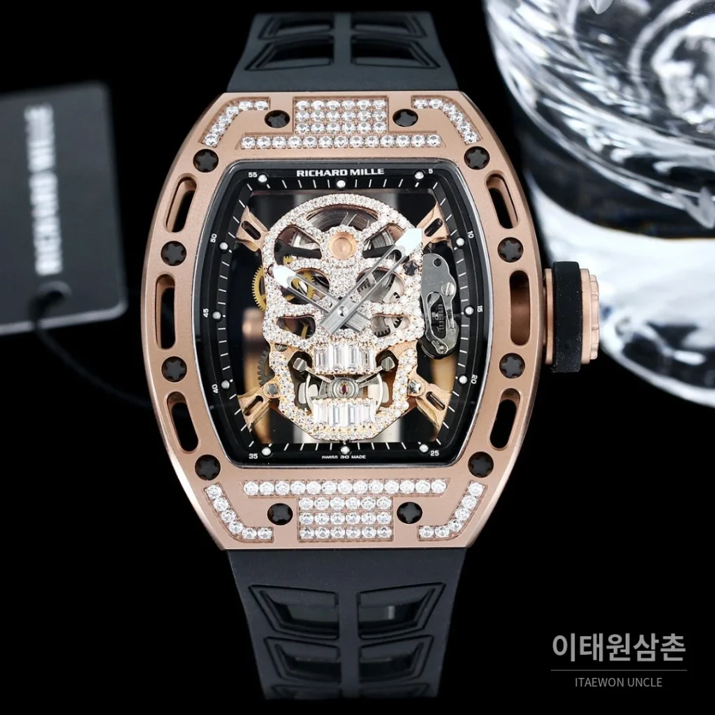 리차드밀 RM052 스틸 스컬 스켈레톤 오토매틱 50mm 실버 오렌지 러버 스트랩 로즈골드 베젤