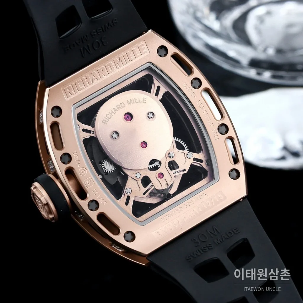 리차드밀 RM052 스틸 스컬 스켈레톤 오토매틱 50mm 실버 오렌지 러버 스트랩 로즈골드 베젤