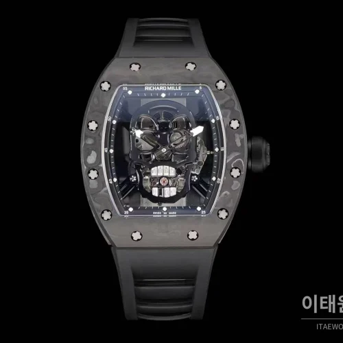 리차드밀 RM055 NTPT카본 블랙스켈레톤 수동 49.9mm 스켈레톤 다이얼 블랙 러버 스트랩 그레이 베젤