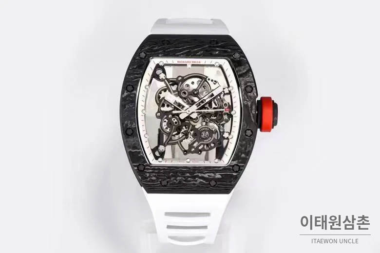 리차드밀 RM055 NTPT카본 블랙스켈레톤 수동 49.9mm 스켈레톤 다이얼 화이트 러버 스트랩 블랙 베젤 (2)