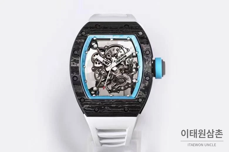 리차드밀 RM055 NTPT카본 블랙스켈레톤 수동 49.9mm 스켈레톤 다이얼 화이트 러버 스트랩 아이스블루 베젤
