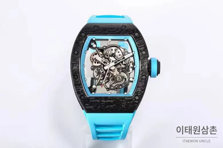 리차드밀 RM055 NTPT카본 블랙스켈레톤 수동 49.9mm 스켈레톤 다이얼 아이스블루 러버 스트랩 아이스블루 베젤