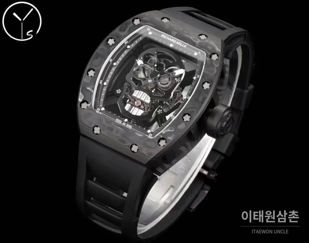 리차드밀 RM055 NTPT카본 블랙스켈레톤 수동 49.9mm 스켈레톤 다이얼 블랙 러버 스트랩 그레이 베젤