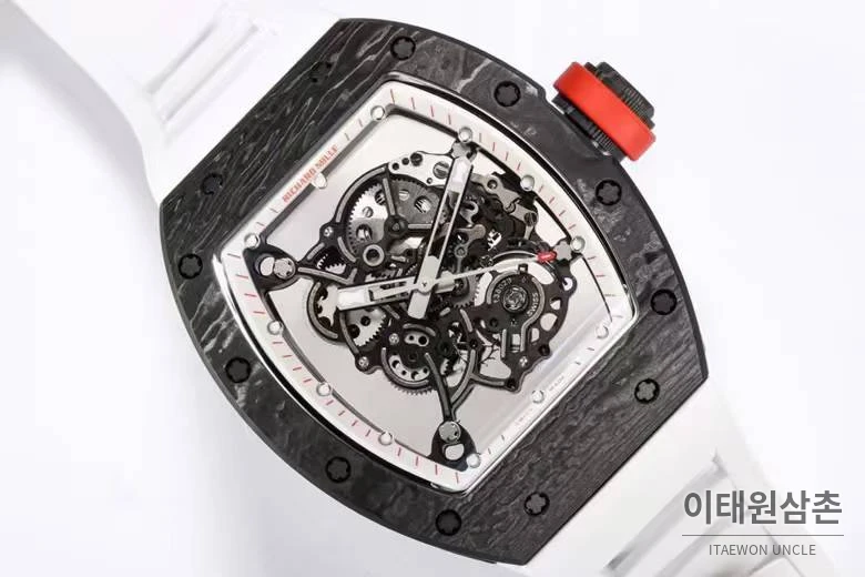 리차드밀 RM055 NTPT카본 블랙스켈레톤 수동 49.9mm 스켈레톤 다이얼 화이트 러버 스트랩 블랙 베젤 (2)