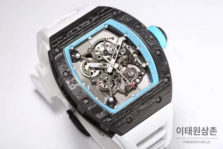 리차드밀 RM055 NTPT카본 블랙스켈레톤 수동 49.9mm 스켈레톤 다이얼 화이트 러버 스트랩 아이스블루 베젤