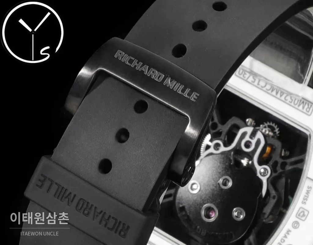 리차드밀 RM055 NTPT카본 블랙스켈레톤 수동 49.9mm 스켈레톤 다이얼 블랙 러버 스트랩 화이트 베젤