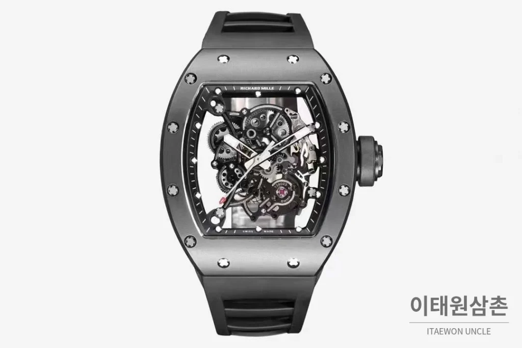 리차드밀 RM055 화이트 세라믹 스켈레톤 오토매틱 42.7mm 스켈레톤 다이얼 블랙 러버 스트랩