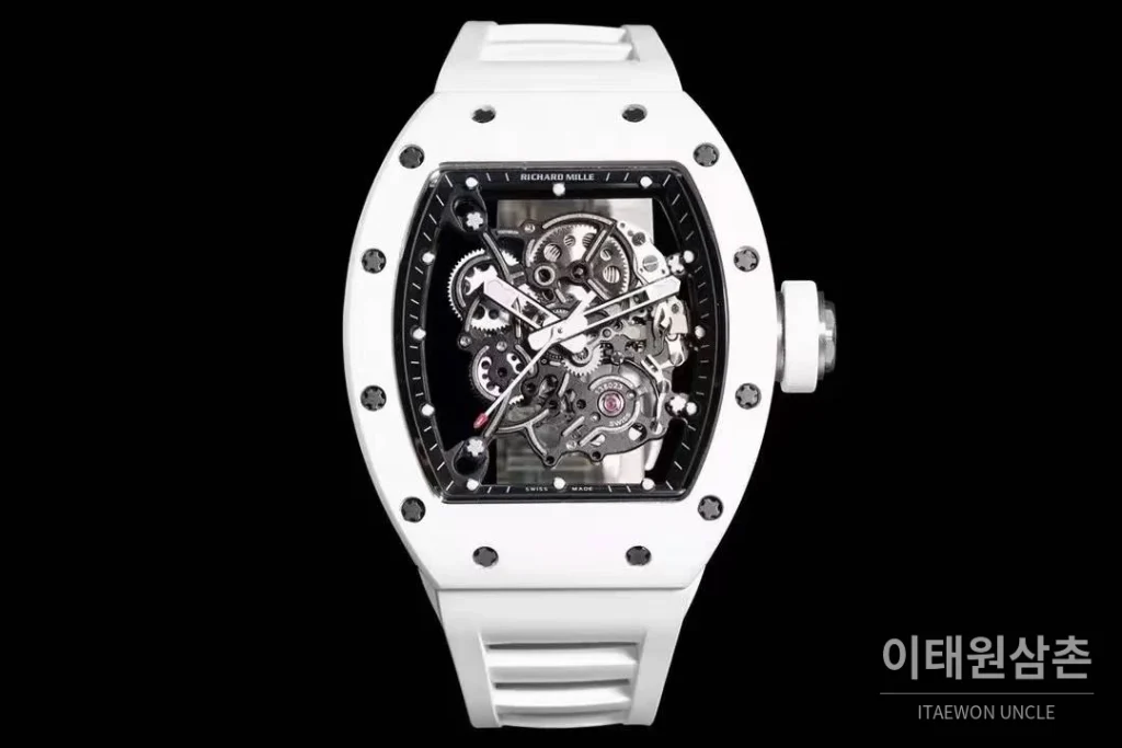 리차드밀 RM055 화이트 세라믹 스켈레톤 오토매틱 42.7mm 스켈레톤 다이얼 화이트 러버 스트랩