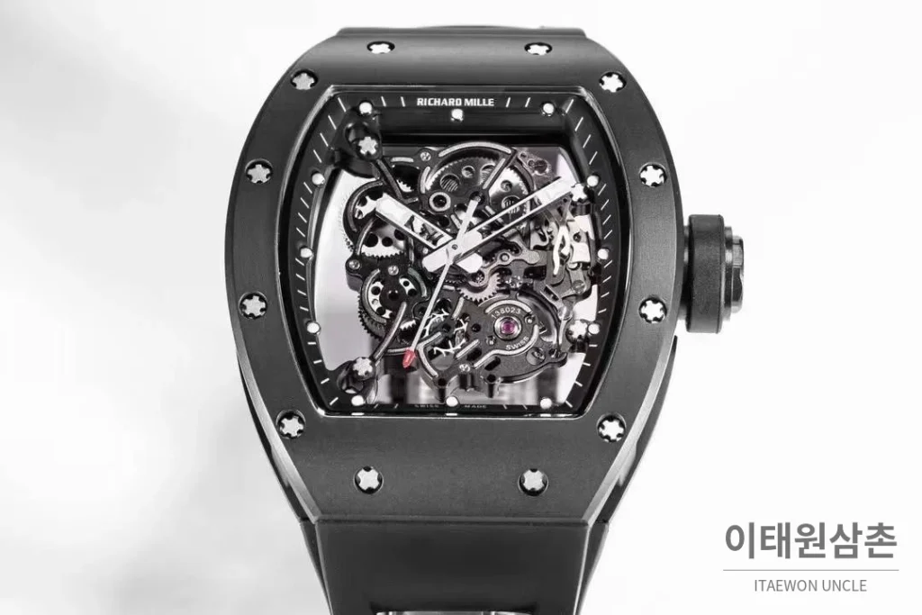 리차드밀 RM055 화이트 세라믹 스켈레톤 오토매틱 42.7mm 스켈레톤 다이얼 블랙 러버 스트랩