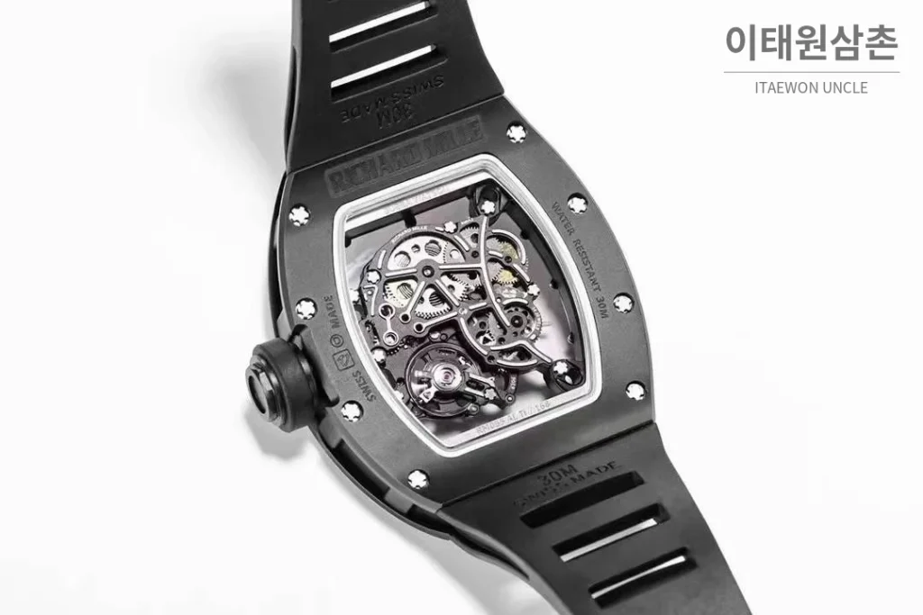 리차드밀 RM055 화이트 세라믹 스켈레톤 오토매틱 42.7mm 스켈레톤 다이얼 블랙 러버 스트랩