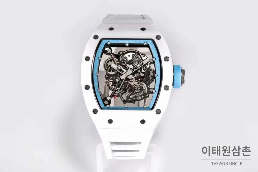 리차드밀 RM055 화이트세라믹 스켈레톤 수동 49.9mm 스켈레톤 다이얼 화이트 러버 스트랩 아이스블루 베젤