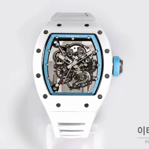 리차드밀 RM055 화이트세라믹 스켈레톤 수동 49.9mm 스켈레톤 다이얼 화이트 러버 스트랩 아이스블루 베젤