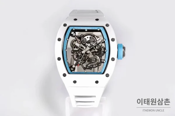 리차드밀 RM055 화이트세라믹 스켈레톤 수동 49.9mm 스켈레톤 다이얼 화이트 러버 스트랩 아이스블루 베젤
