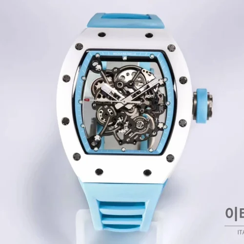 리차드밀 RM055 화이트세라믹 스켈레톤 수동 49.9mm 스켈레톤 다이얼 아이스블루 러버 스트랩 화이트 베젤