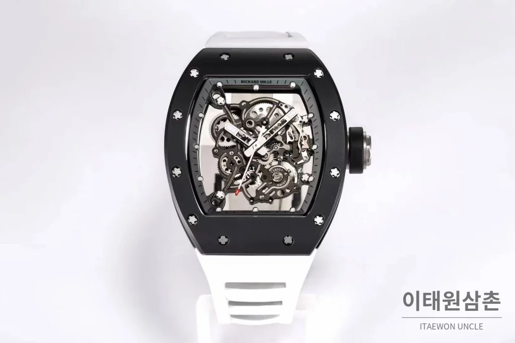 리차드밀 RM055 화이트세라믹 스켈레톤 수동 49.9mm 스켈레톤 다이얼 화이트 러버 스트랩 블랙 베젤 (2)
