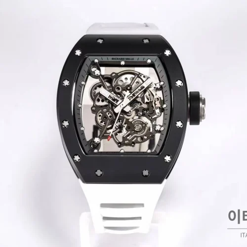 리차드밀 RM055 화이트세라믹 스켈레톤 수동 49.9mm 스켈레톤 다이얼 화이트 러버 스트랩 블랙 베젤 (2)