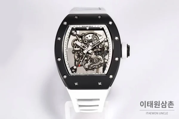 리차드밀 RM055 화이트세라믹 스켈레톤 수동 49.9mm 스켈레톤 다이얼 화이트 러버 스트랩 블랙 베젤 (3)