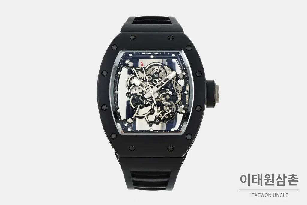 리차드밀 RM055 화이트세라믹 스켈레톤 수동형 49.9mm 스켈레톤 다이얼 블랙 러버 스트랩