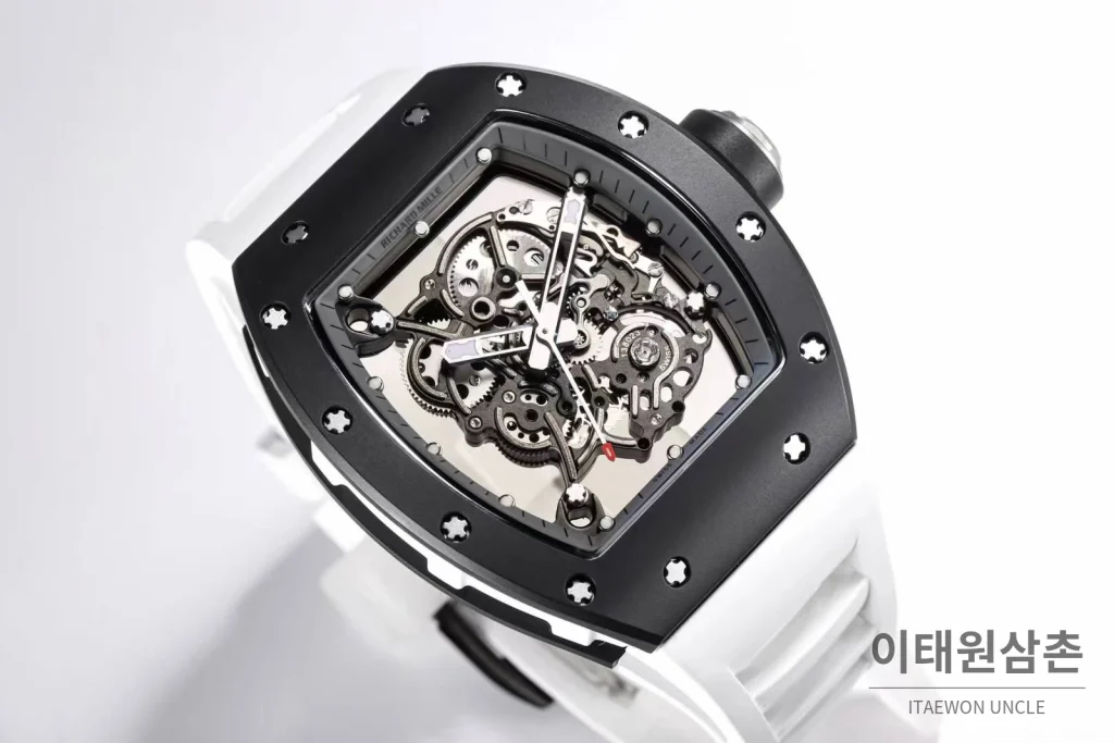 리차드밀 RM055 화이트세라믹 스켈레톤 수동 49.9mm 스켈레톤 다이얼 화이트 러버 스트랩 블랙 베젤 (2)