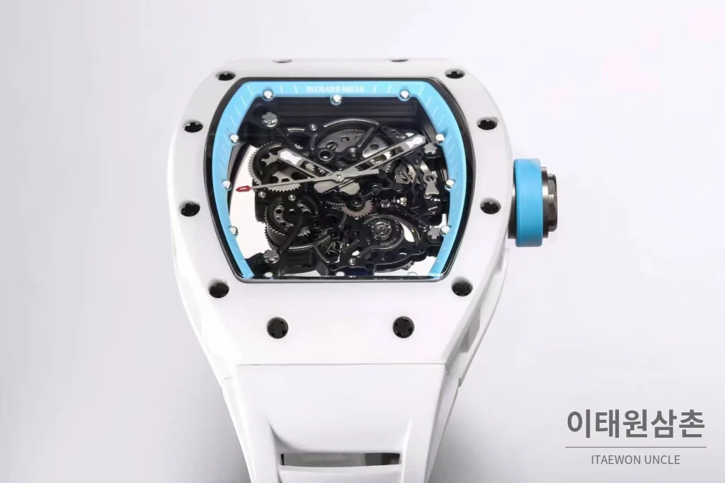 리차드밀 RM055 화이트세라믹 스켈레톤 수동 49.9mm 스켈레톤 다이얼 화이트 러버 스트랩 아이스블루 베젤