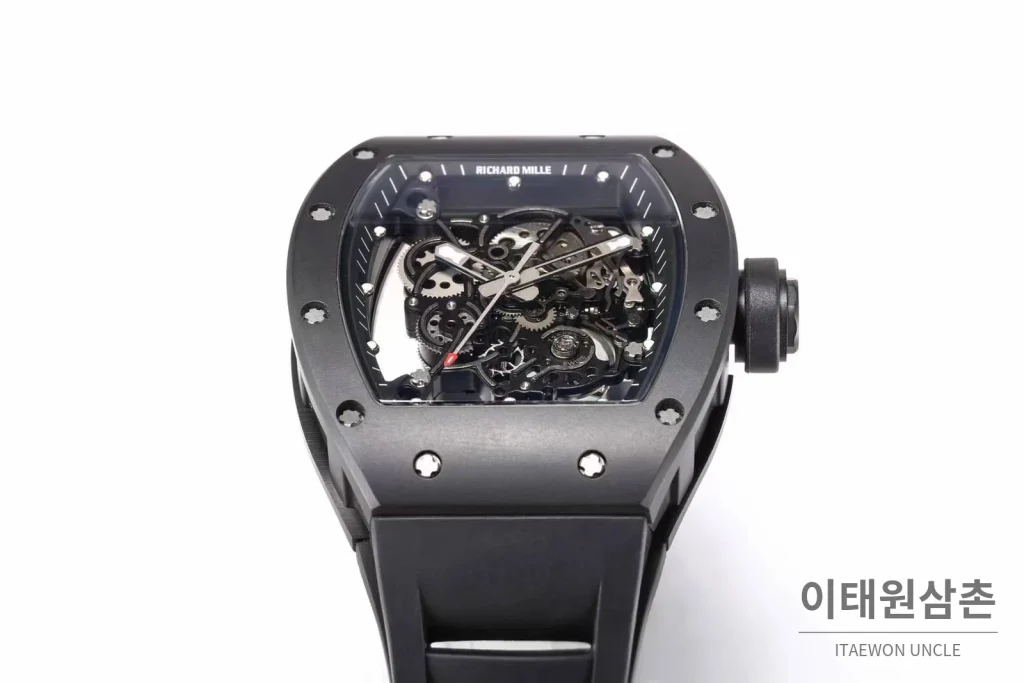 리차드밀 RM055 화이트세라믹 스켈레톤 수동 49.9mm 스켈레톤 다이얼 블랙 러버 스트랩 블랙 베젤