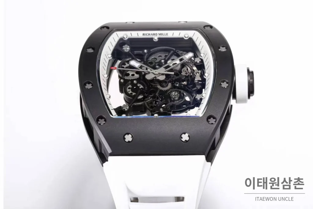 리차드밀 RM055 화이트세라믹 스켈레톤 수동 49.9mm 스켈레톤 다이얼 화이트 러버 스트랩 블랙 베젤 (3)
