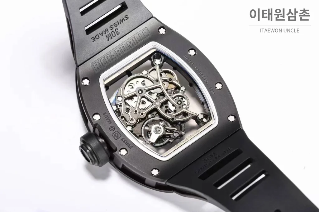 리차드밀 RM055 화이트세라믹 스켈레톤 수동 49.9mm 스켈레톤 다이얼 블랙 러버 스트랩 블랙 베젤