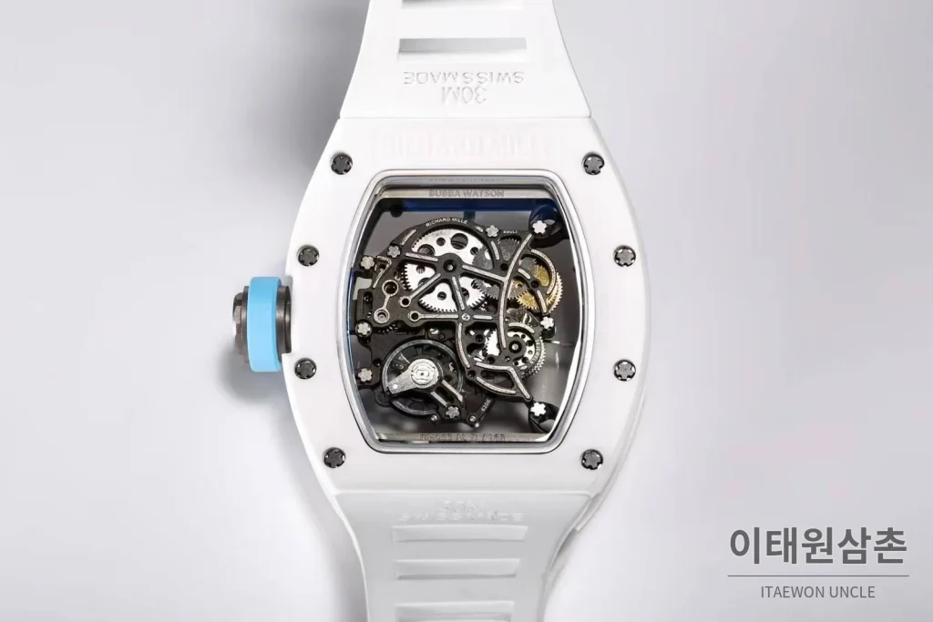 리차드밀 RM055 화이트세라믹 스켈레톤 수동 49.9mm 스켈레톤 다이얼 화이트 러버 스트랩 아이스블루 베젤