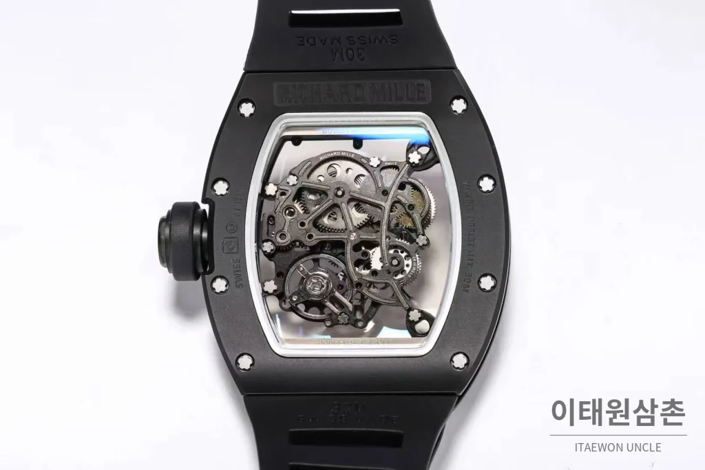 리차드밀 RM055 화이트세라믹 스켈레톤 수동 49.9mm 스켈레톤 다이얼 블랙 러버 스트랩 블랙 베젤