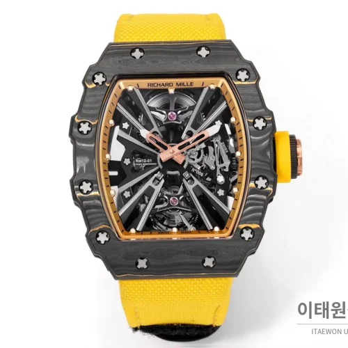 리차드밀 RM12-01 골드카본 스켈레톤 토노형 수동 47mm 스켈레톤 다이얼 옐로우 나일론 스트랩