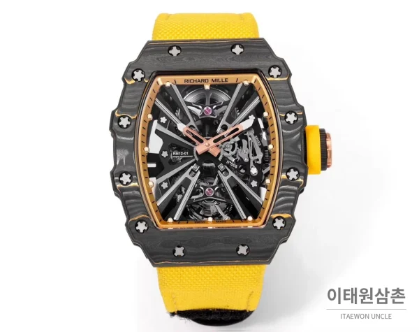리차드밀 RM12-01 골드카본 스켈레톤 토노형 수동 47mm 스켈레톤 다이얼 옐로우 나일론 스트랩 리차드밀 RM12-01 골드카본 스켈레톤 토노형 수동 47mm 스켈레톤 다이얼 옐로우 나일론 스트랩