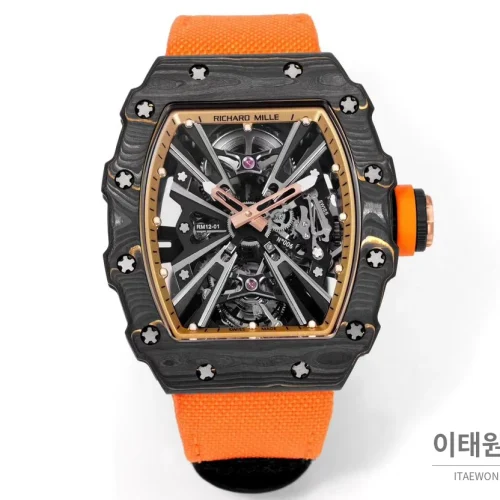 리차드밀 RM12-01 골드카본 스켈레톤 토노형 수동 47mm 스켈레톤 다이얼 오렌지 나일론 스트랩